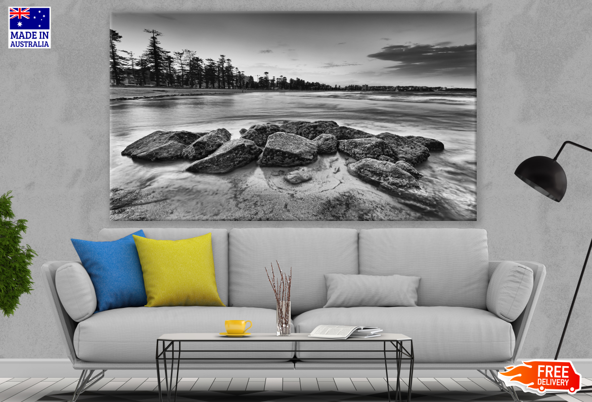 Beach Rocks with Forest View B&W Photograph Print 100% Australian Made