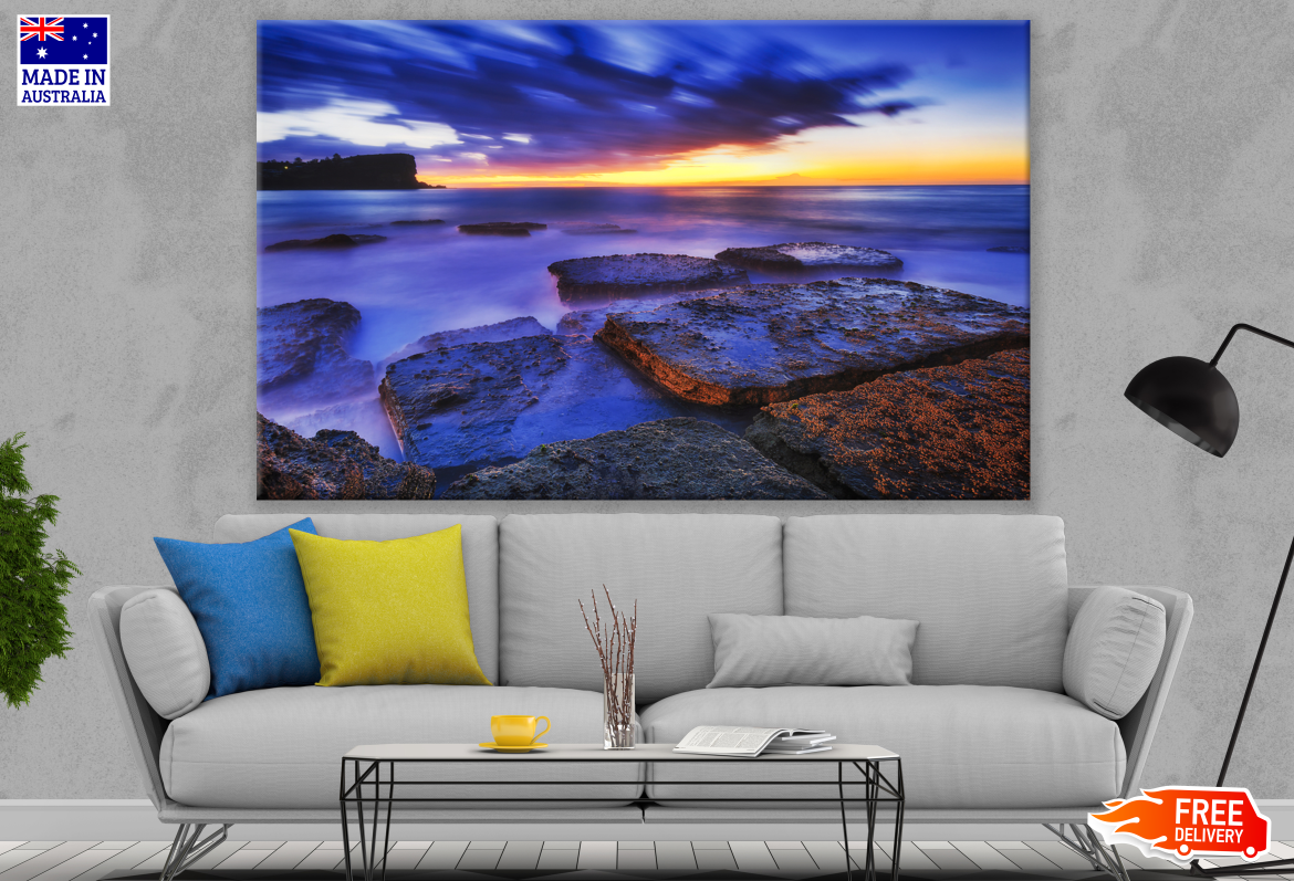 Stunning Beach With Rocks Sunset Blue Sky Photograph Print 100% Australian Made