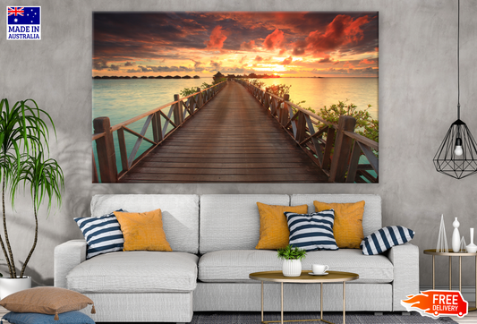 Bridge with Huts Over Beach Sunset Photograph Print 100% Australian Made