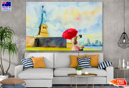 Couple with Red Umbrella Near Eiffel Tower Painting Print 100% Australian Made