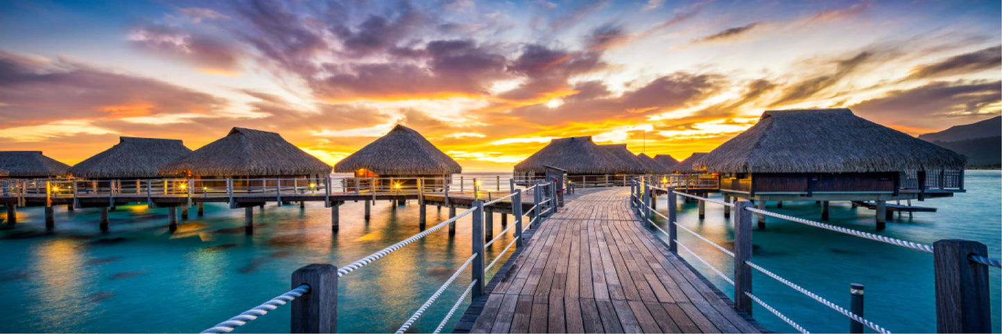 Panoramic Canvas Romantic Beach and Sunset Wooden Bridge Resort High Quality 100% Australian made wall Canvas Print ready to hang