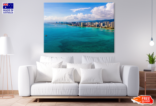 Mountain & Boat On Sea Sky View Photograph Print 100% Australian Made