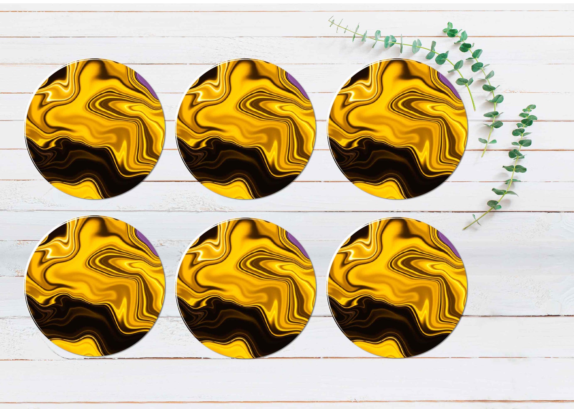 Yellow Gold Brown Fluid Abstract Coasters Wood & Rubber - Set of 6 Coasters