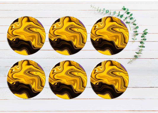 Yellow Gold Brown Fluid Abstract Coasters Wood & Rubber - Set of 6 Coasters