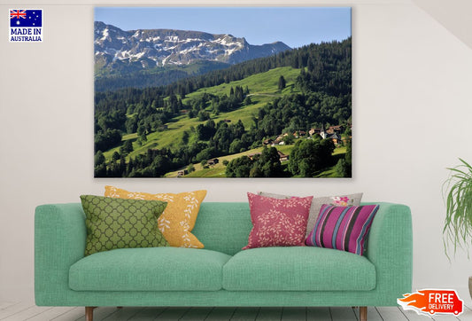 Mountain & Village in Swiss Alps, Switzerland Print 100% Australian Made