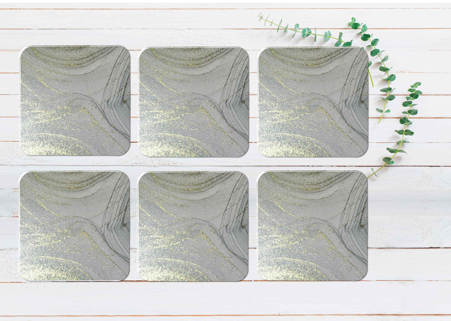 Silver Grey Gold Splash Abstract Coasters Wood & Rubber - Set of 6 Coasters