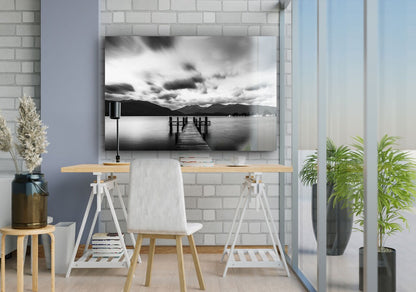 Lake Dock Clouds B&W Print Tempered Glass Wall Art 100% Made in Australia Ready to Hang