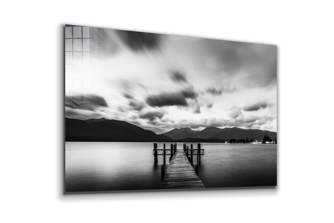 Lake Dock Clouds B&W Print Tempered Glass Wall Art 100% Made in Australia Ready to Hang