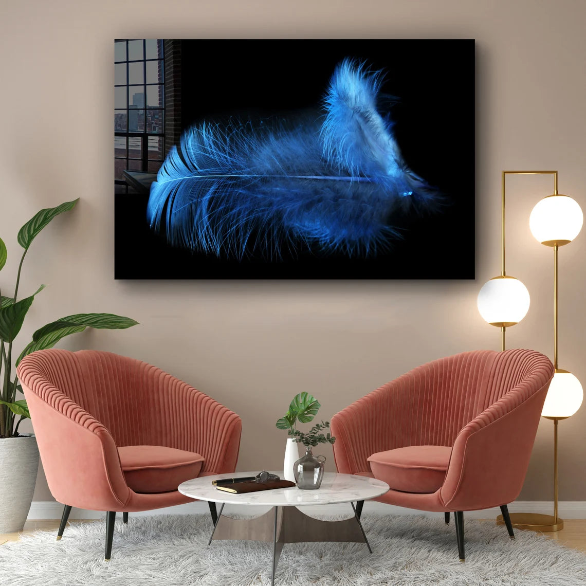 Blue Feather on Dark Print Tempered Glass Wall Art 100% Made in Australia Ready to Hang