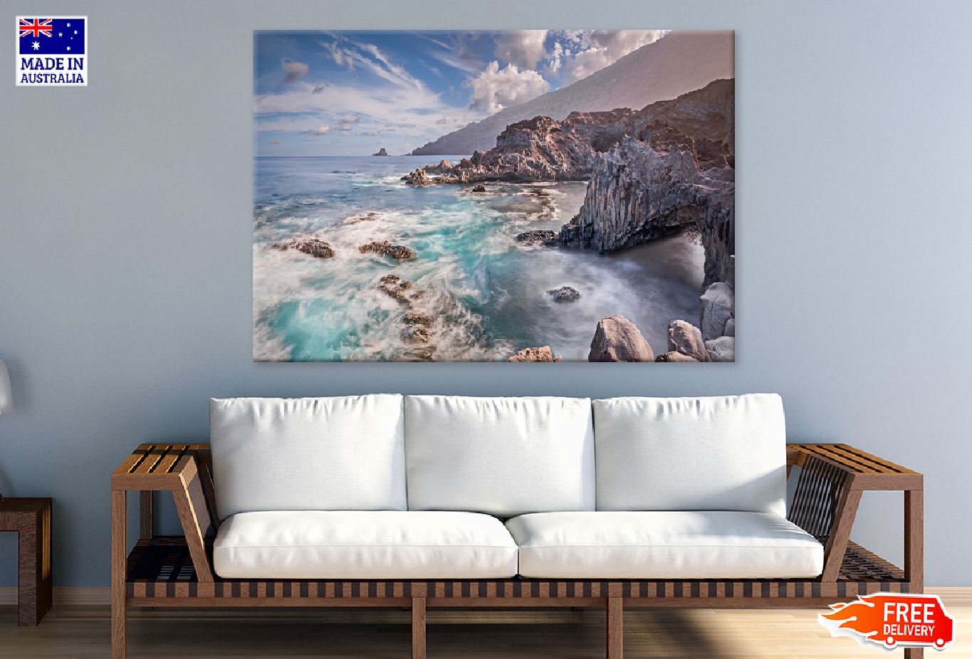 Sea Waves on Rocks & Clouds Sky View Photograph Print 100% Australian Made