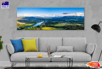 Panoramic Canvas Lake & Field Aerial View Photograph High Quality 100% Australian Made Wall Canvas Print Ready to Hang