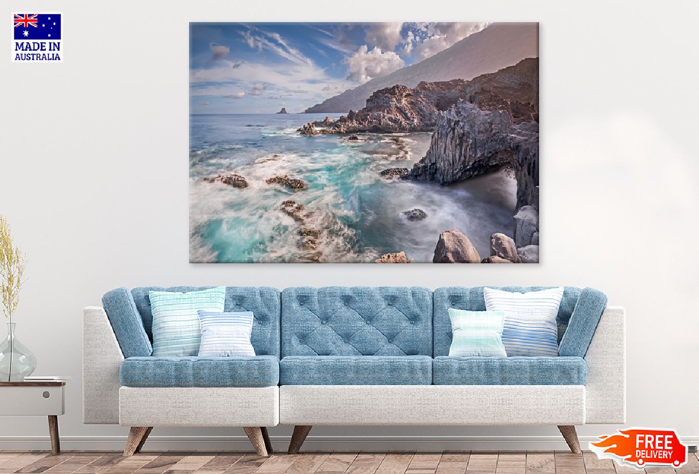 Sea Waves on Rocks & Clouds Sky View Photograph Print 100% Australian Made