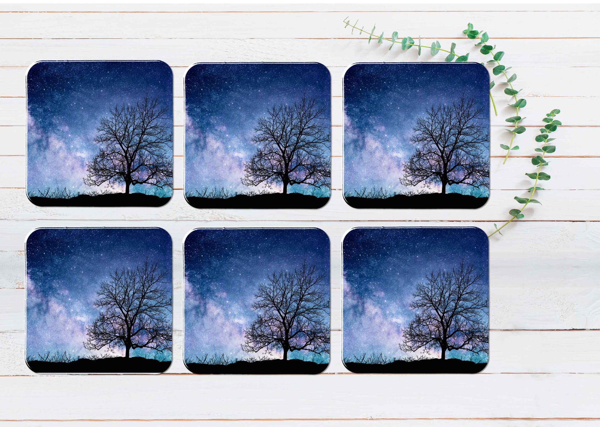 Bare Tree Standing Silhouetted Coasters Wood & Rubber - Set of 6 Coasters