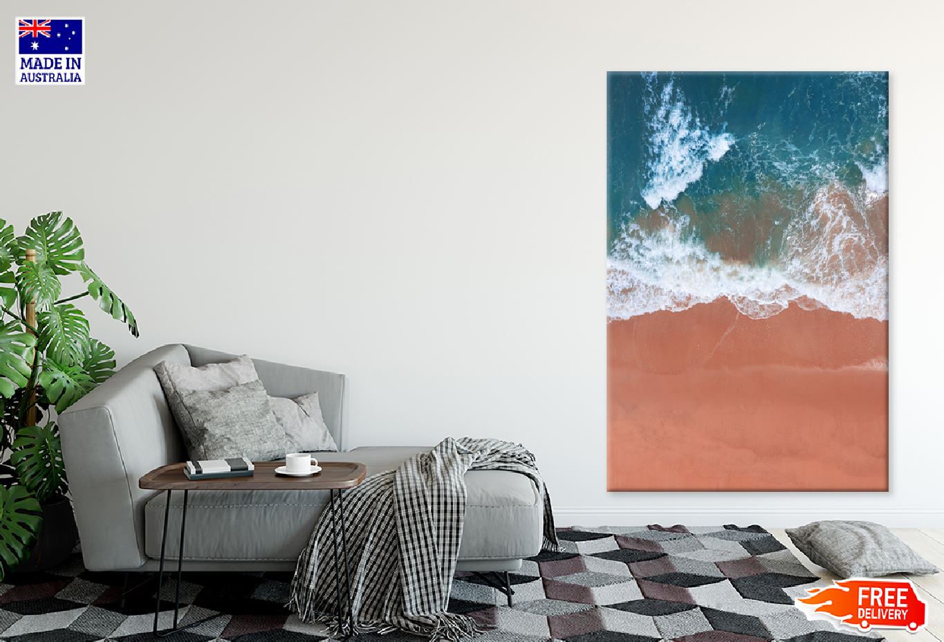 Pink Beach & Blue Waves Aerial View Photograph Print 100% Australian Made