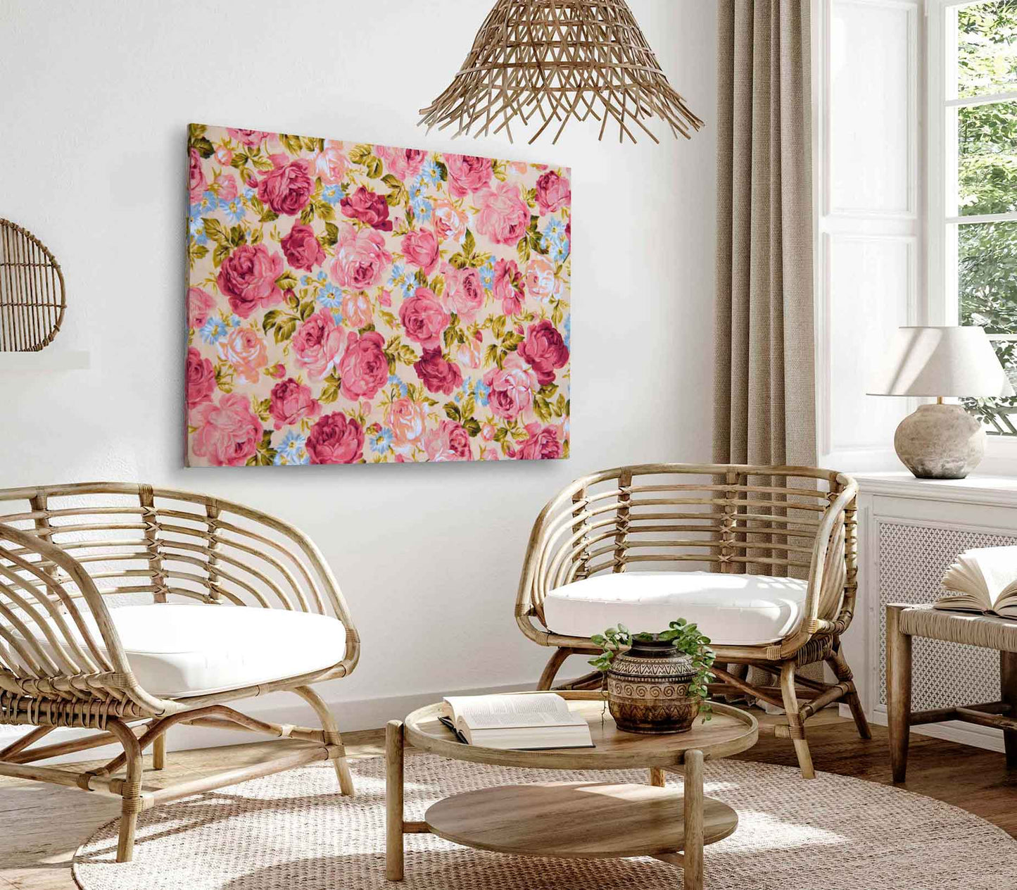 Bella Home Pink Rose Fabric Retro Tapestry Text Print Canvas Ready to hang