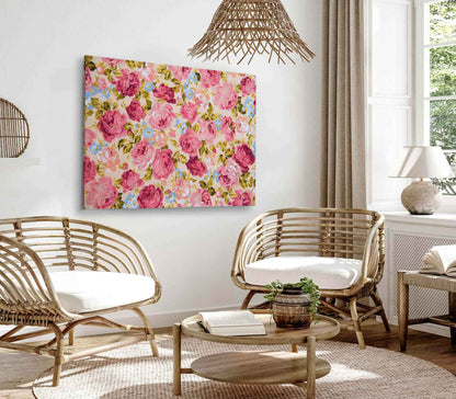 Bella Home Pink Rose Fabric Retro Tapestry Text Print Canvas Ready to hang