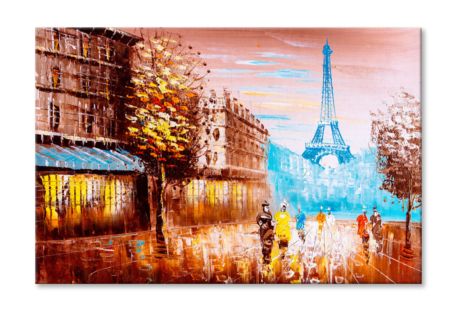 People Walking in Street of Paris & Trees Oil Painting Wall Art Limited Edition High Quality Print Stretched Canvas None