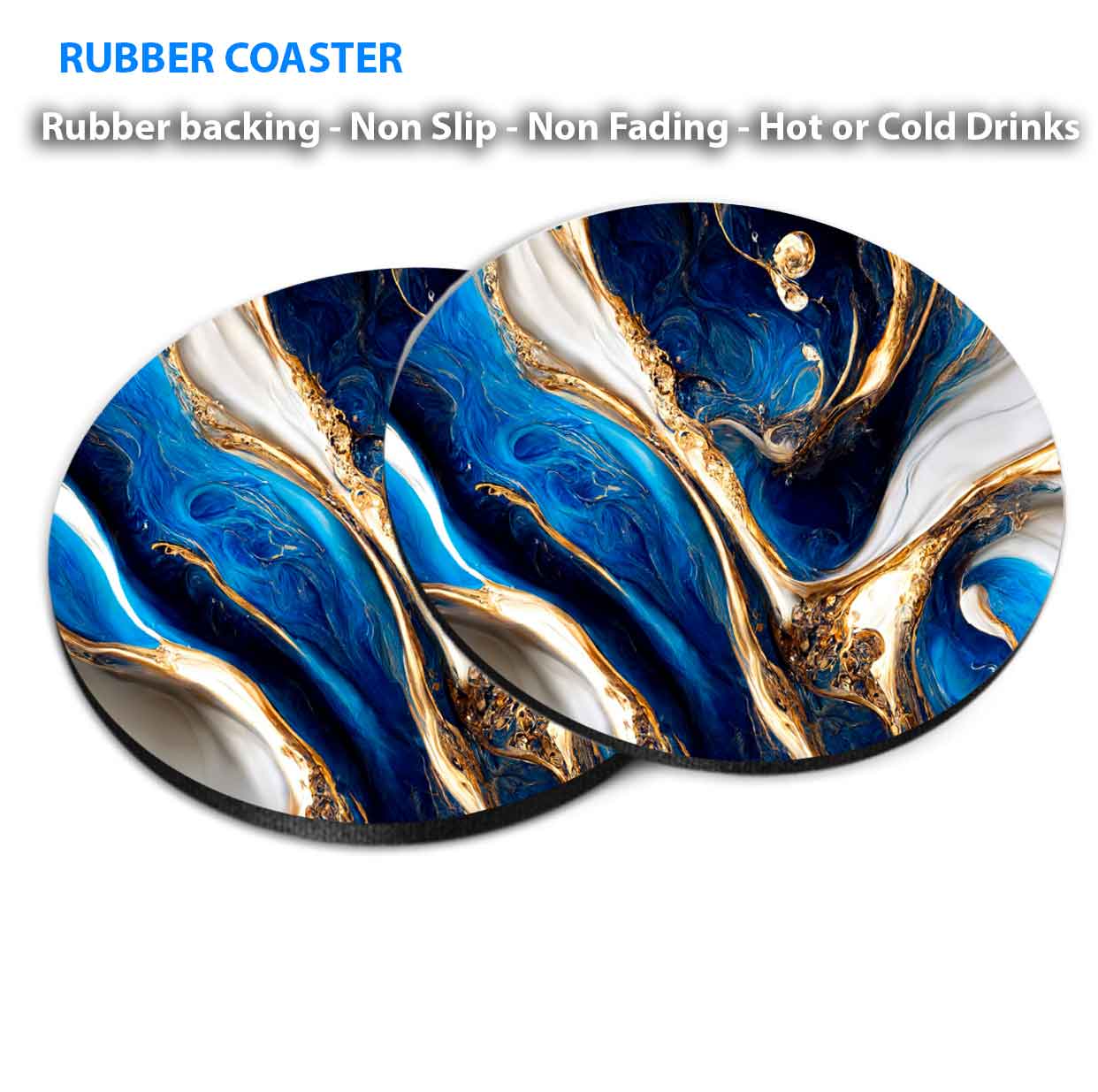 Milky Gold & Blue Abstract Coasters Wood & Rubber - Set of 6 Coasters