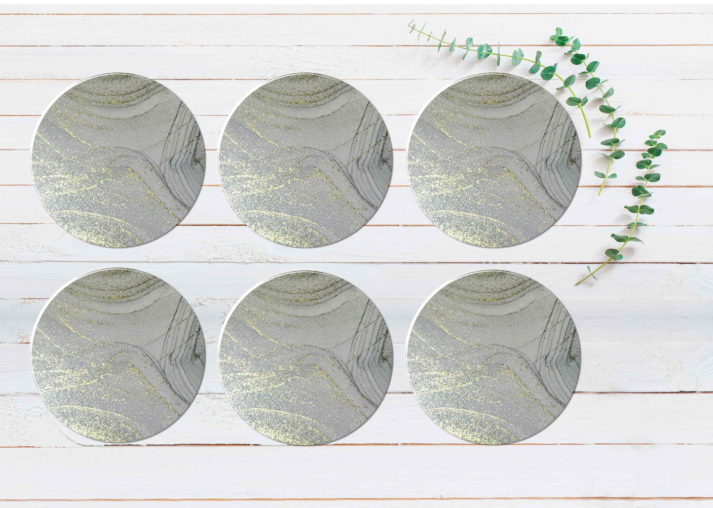 Silver Grey Gold Splash Abstract Coasters Wood & Rubber - Set of 6 Coasters