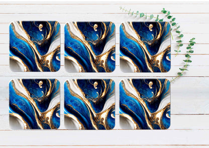 Milky Gold & Blue Abstract Coasters Wood & Rubber - Set of 6 Coasters