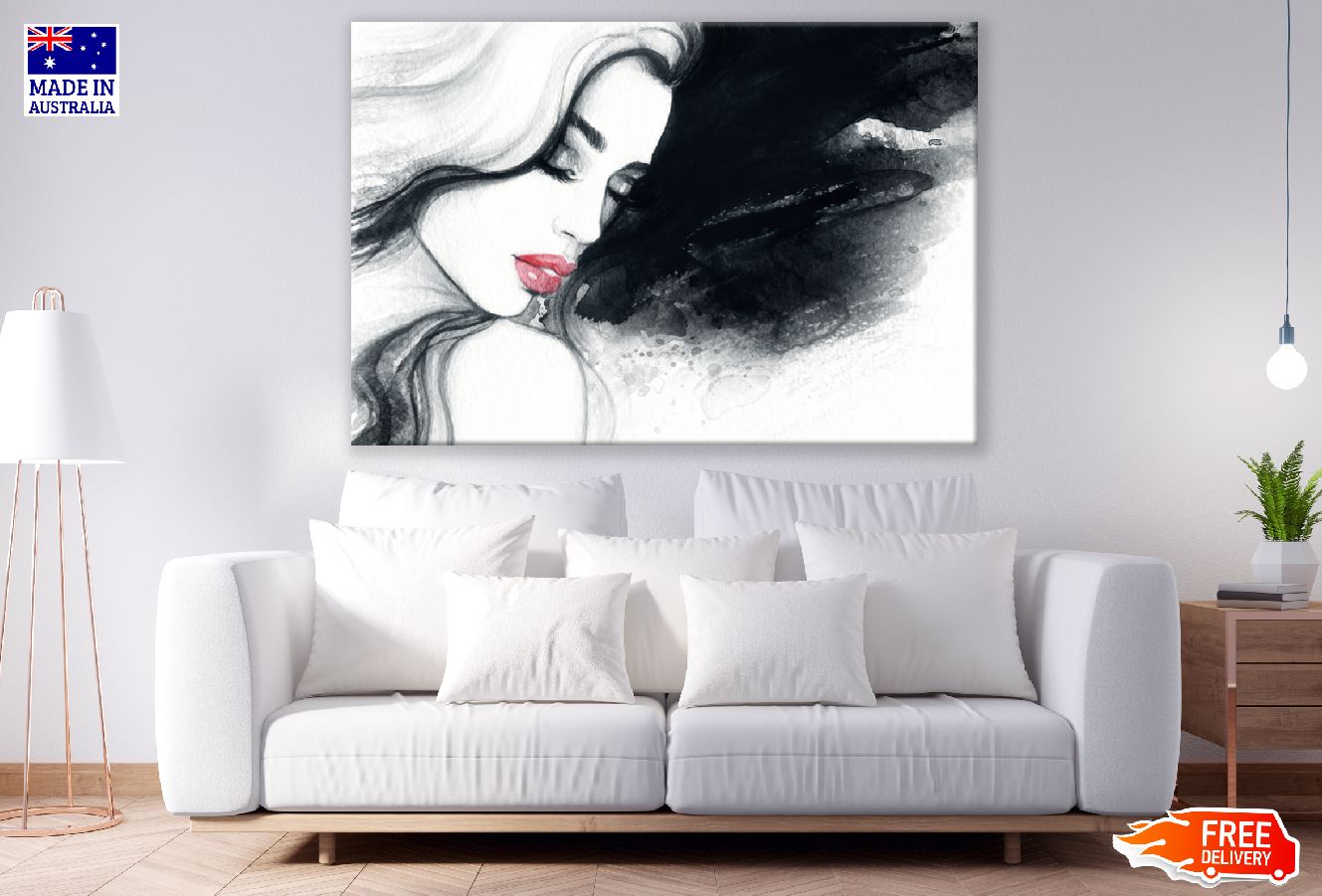 Fashion Woman Face with Red Lips B&W Watercolor Painting Print 100% Australian Made