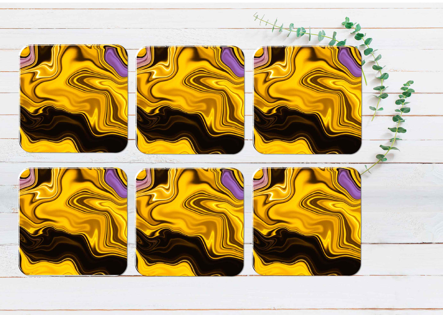 Yellow Gold Brown Fluid Abstract Coasters Wood & Rubber - Set of 6 Coasters