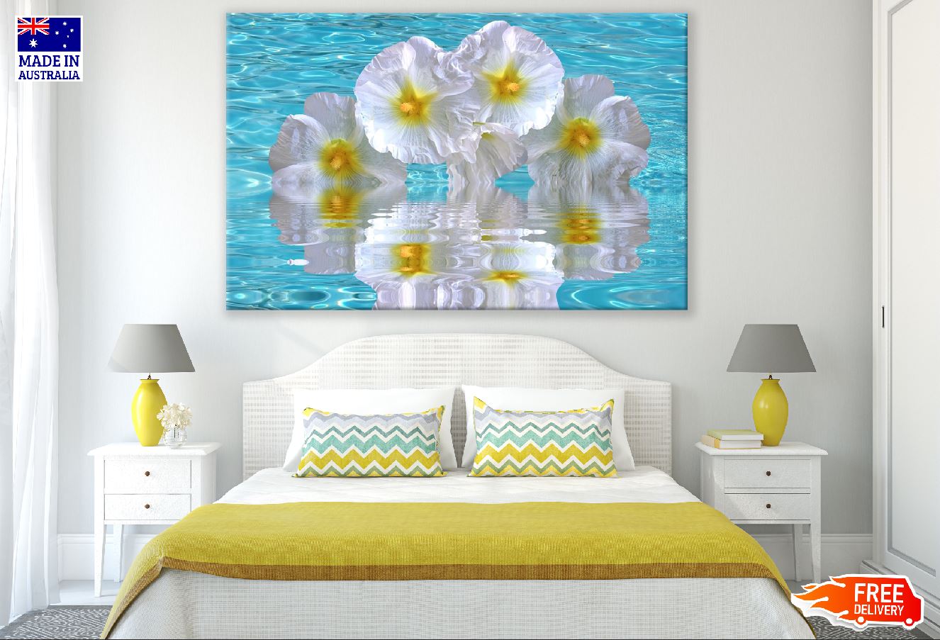 White & Yellow Hibiscus Flowers in Water Photograph Print 100% Australian Made