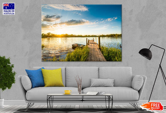 Boat in Lake Wooden Pier Sunrise Photograph Print 100% Australian Made