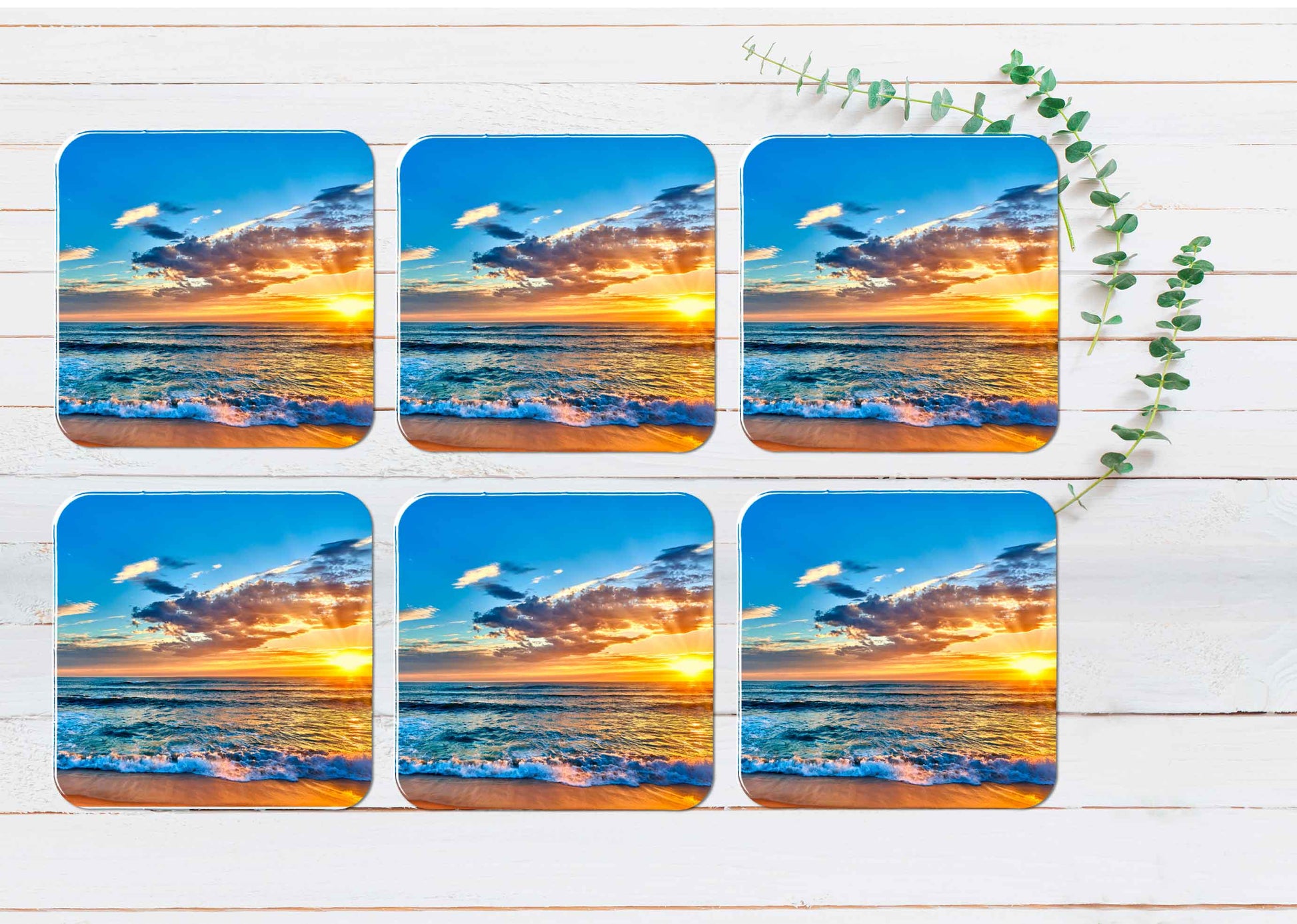 Sunset Beach View Coasters Wood & Rubber - Set of 6 Coasters