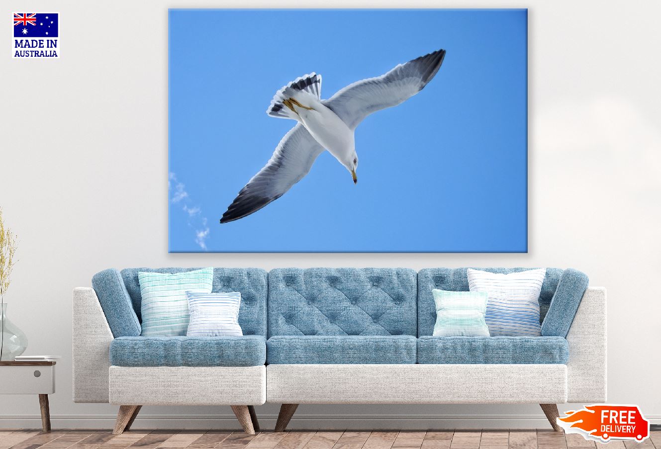 Seagull Bird Flying on Blue Sky Photograph Print 100% Australian Made