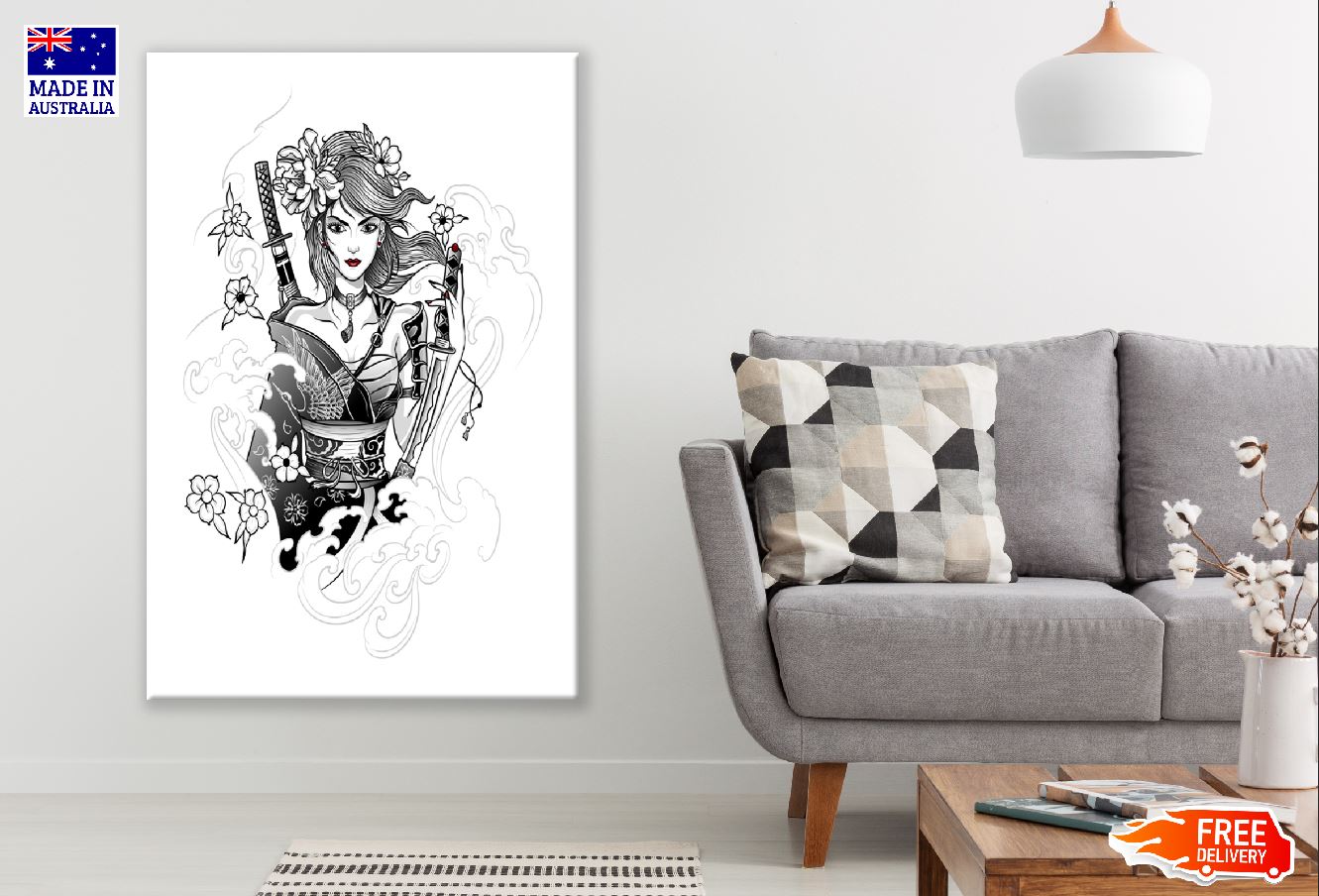 Japanese Woman Warrior with Katana in Hand B&W Digital Art Print 100% Australian Made