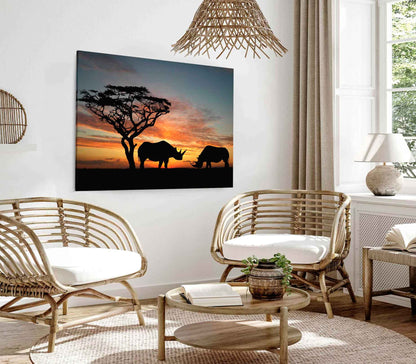 Bella Home Two Rhinoceros Over Orange Sky Print Canvas Ready to hang