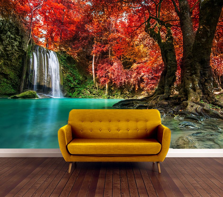 Wallpaper Murals Peel and Stick Removable Waterfall & Red Leaves Tree High Quality