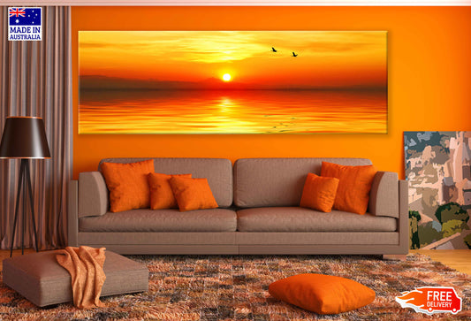 Panoramic Canvas Red Sunset Over Sea View Photograph High Quality 100% Australian Made Wall Canvas Print Ready to Hang