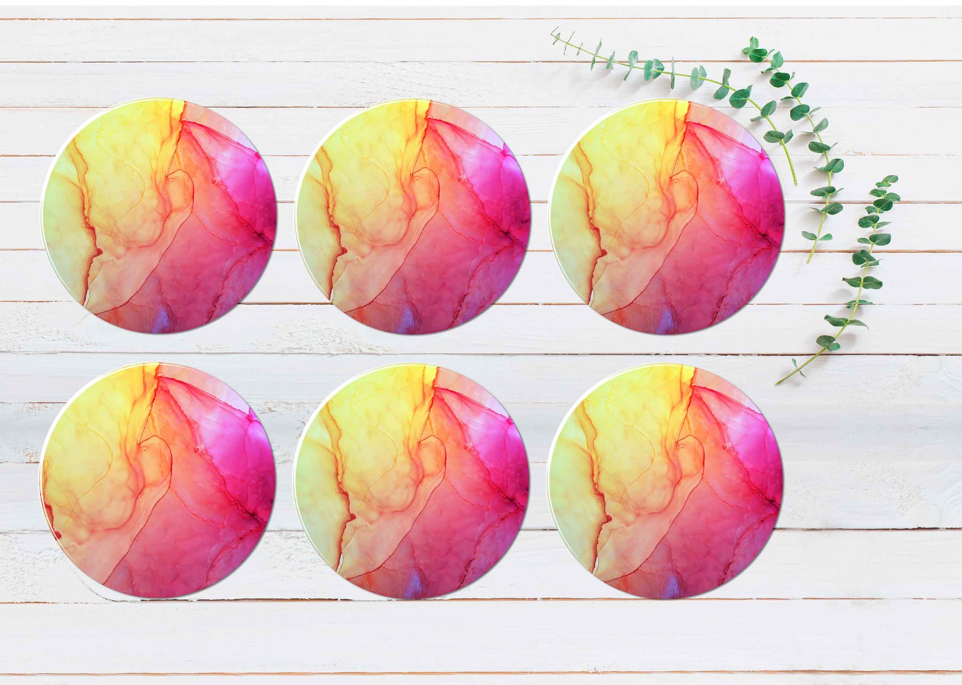 Yellow Pink Purple Abstract Design Coasters Wood & Rubber - Set of 6 Coasters