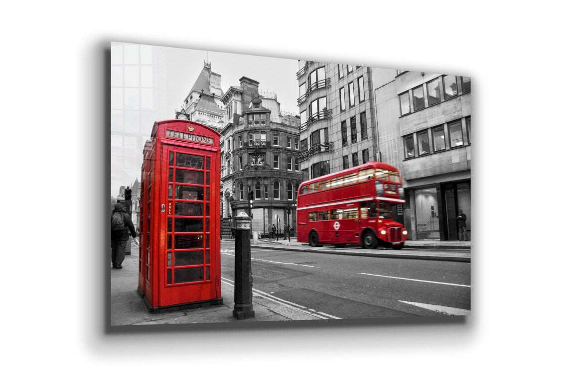 Red Bus Booth B&W City Print Tempered Glass Wall Art 100% Made in Australia Ready to Hang