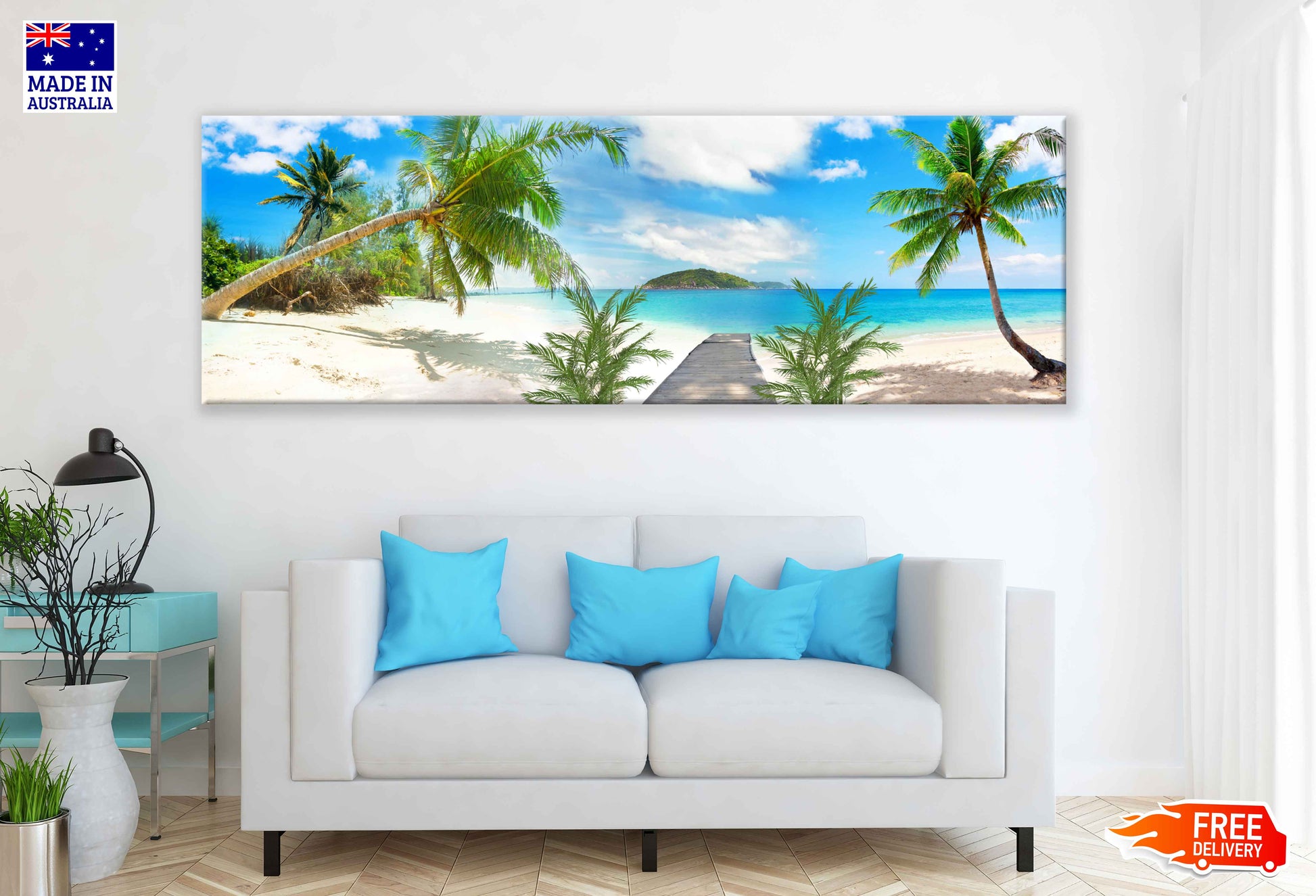 Panoramic Canvas Beach & Palm Trees View Photograph High Quality 100% Australian Made Wall Canvas Print Ready to Hang