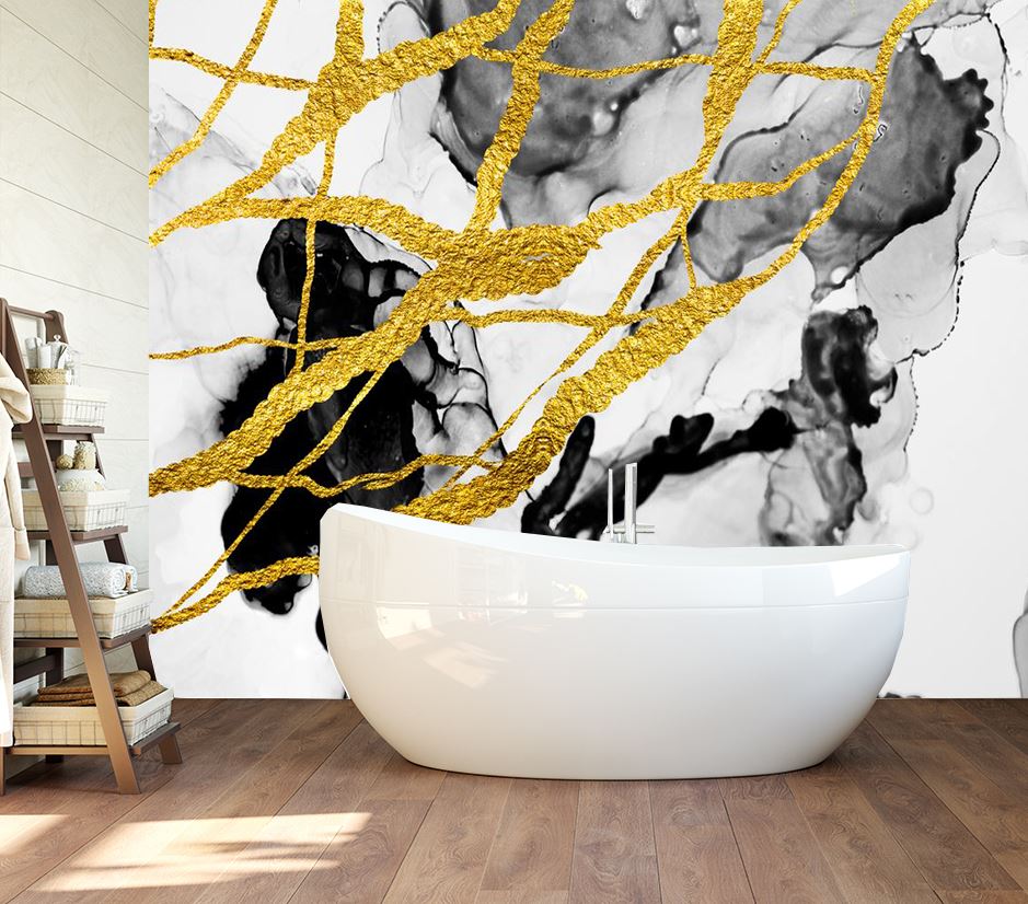 Wallpaper Murals Peel and Stick Removable Gold Black White Abstract Design High Quality