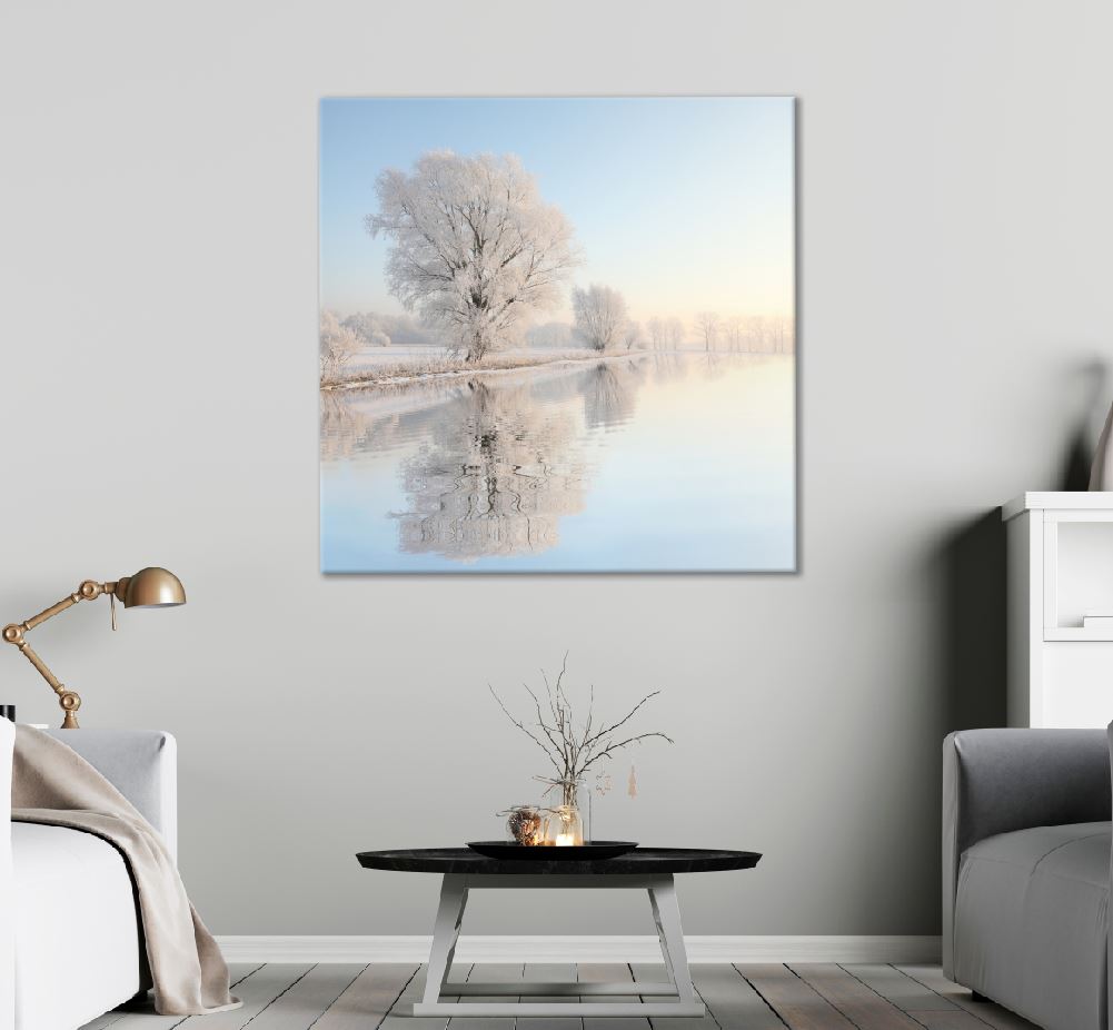 Square Canvas Snow Trees & Lake View Photograph High Quality Print 100% Australian Made