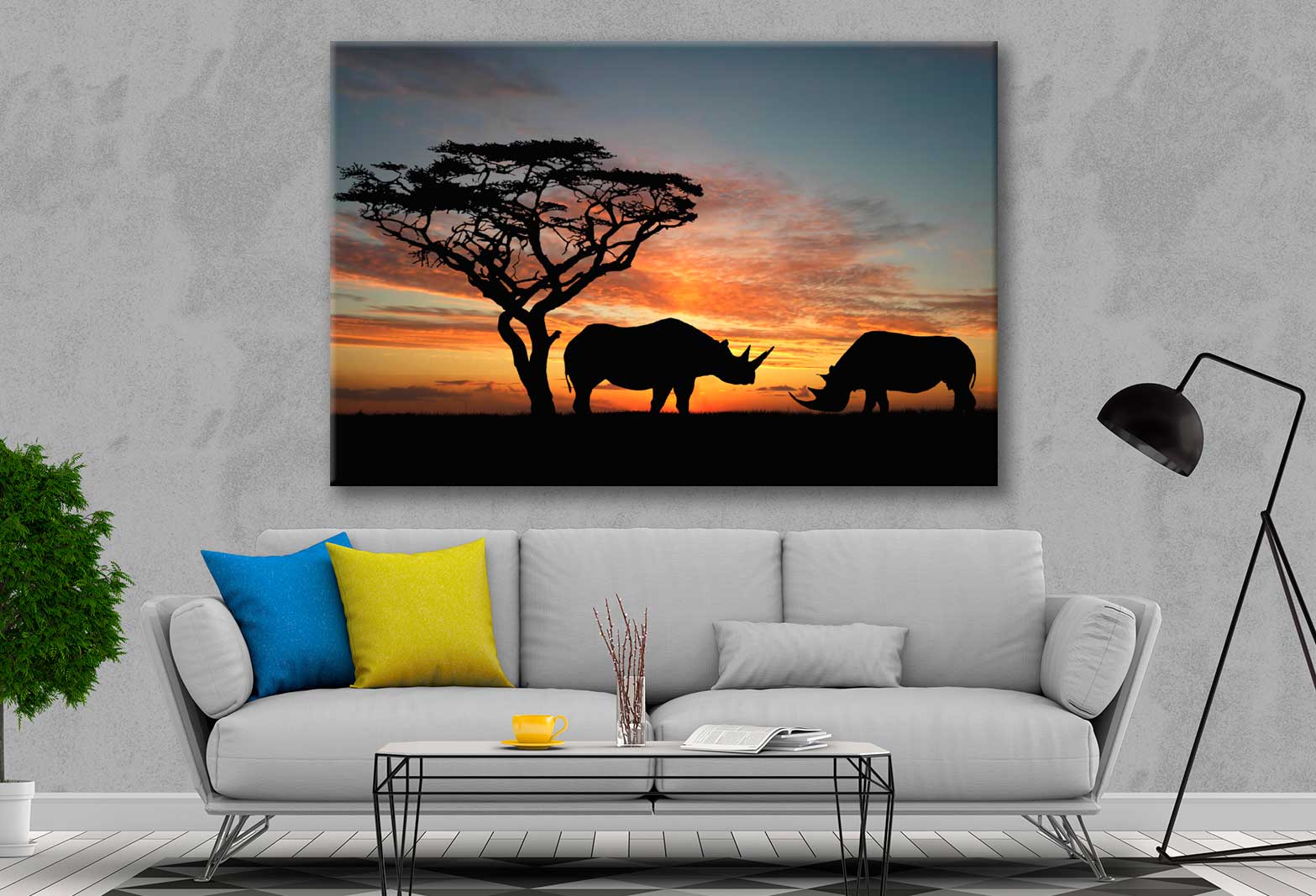 Bella Home Two Rhinoceros Over Orange Sky Print Canvas Ready to hang