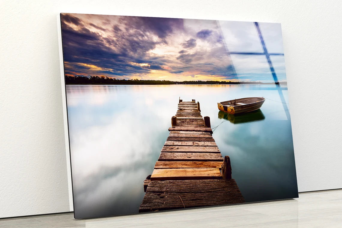 Boat & Wooden Pier on Lake Photograph Acrylic Glass Print Tempered Glass Wall Art 100% Made in Australia Ready to Hang