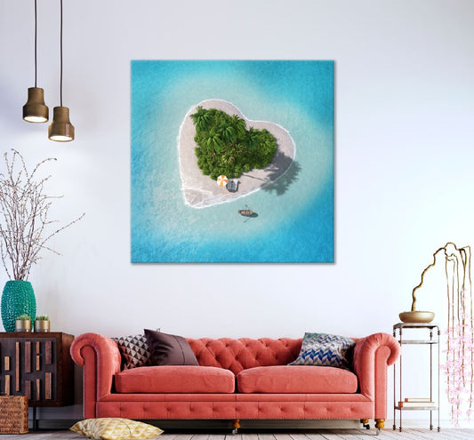 Square Canvas Heart Island & Boat Aerial View Photograph High Quality Print 100% Australian Made