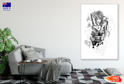 Japanese Woman Warrior with Katana in Hand B&W Digital Art Print 100% Australian Made