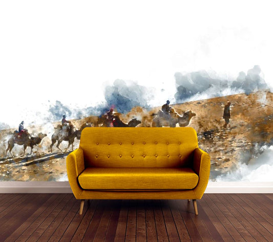 Wallpaper Murals Peel and Stick Removable Camels Walking Across the Desert Painting High Quality