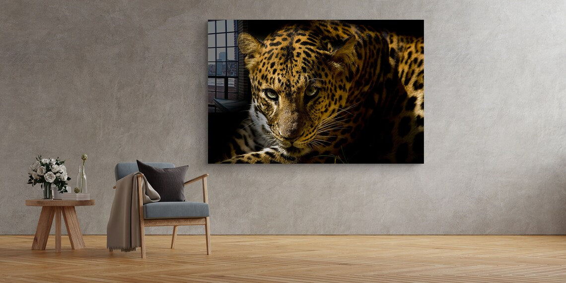 Leopard Face Closeup Print Tempered Glass Wall Art 100% Made in Australia Ready to Hang