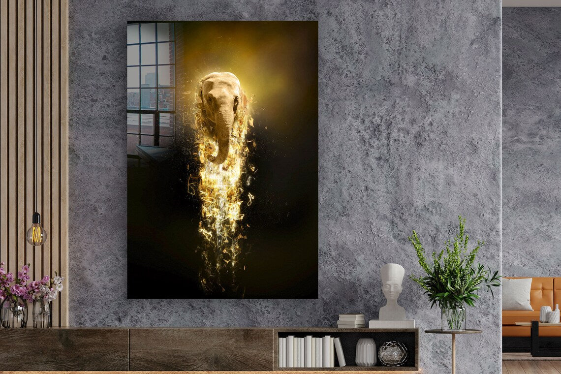 Gold Elephant Abstract Print Tempered Glass Wall Art 100% Made in Australia Ready to Hang