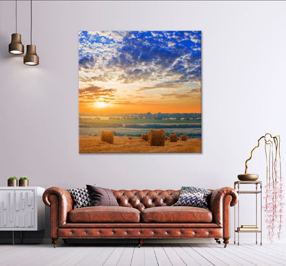 Square Canvas Brown Rice Field Sunset Scenery High Quality Print 100% Australian Made