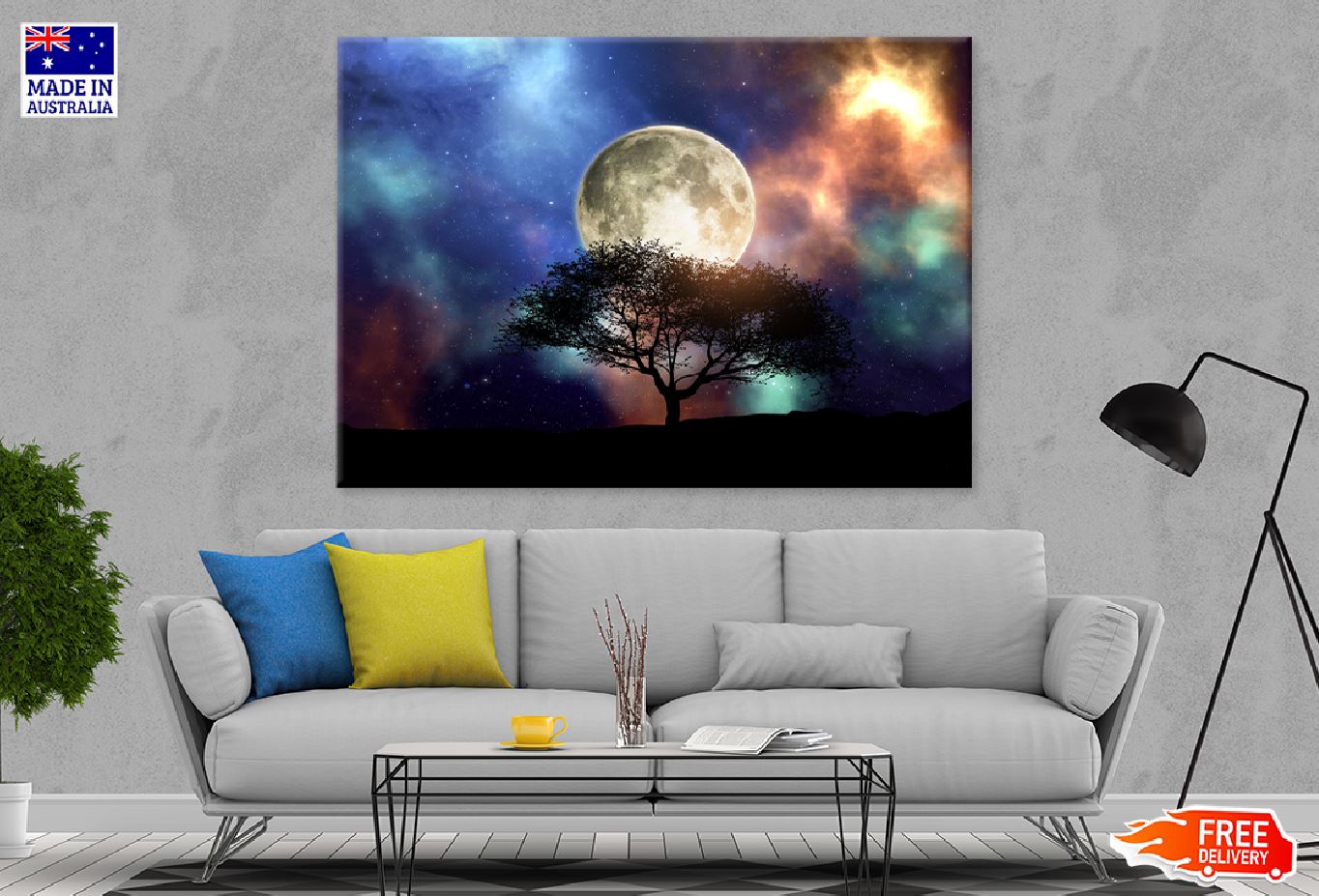 3D Silhouette Tree with Moon Digital Art Print 100% Australian Made