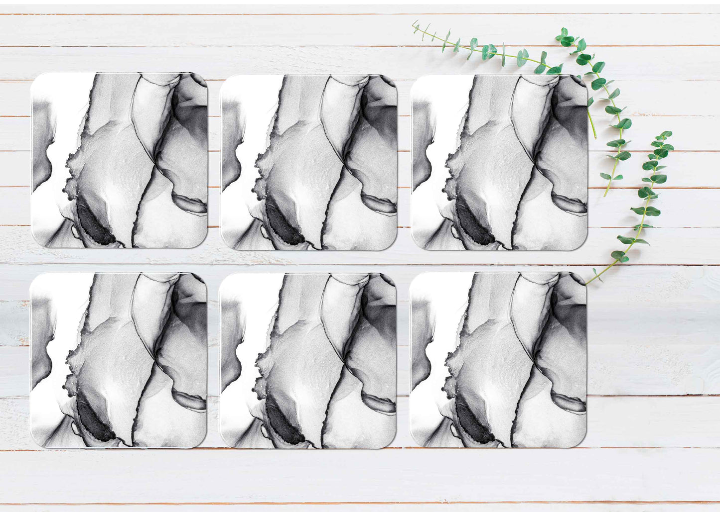Grey Black Abstract Watercolor Coasters Wood & Rubber - Set of 6 Coasters