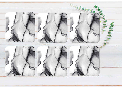 Grey Black Abstract Watercolor Coasters Wood & Rubber - Set of 6 Coasters